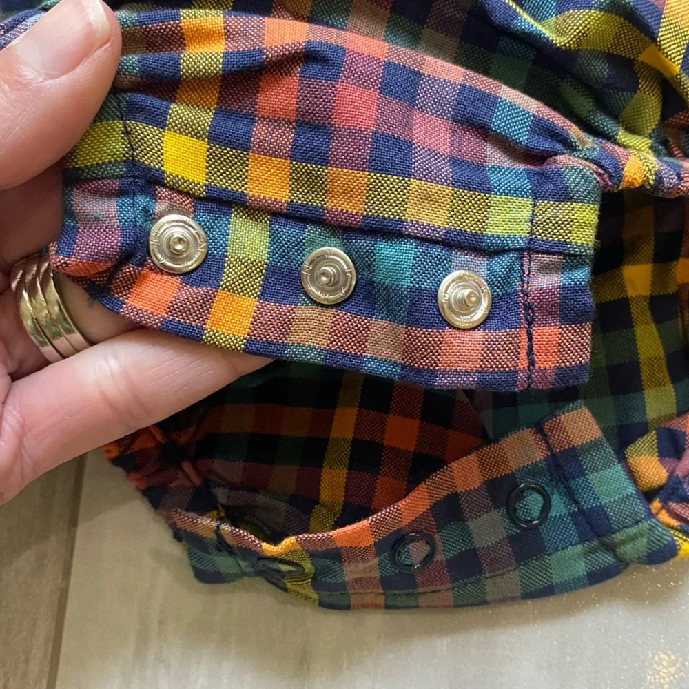 NWT RuffleButts Harvest Rainbow Gingham Long Sleeve Smocked Bubble Romper, 0-3M